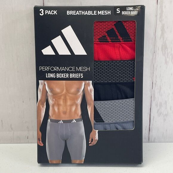 adidas Men's Performance Mesh Long Boxer Briefs – 3 Pack Small Red/Black/Grey - Picture 1 of 5